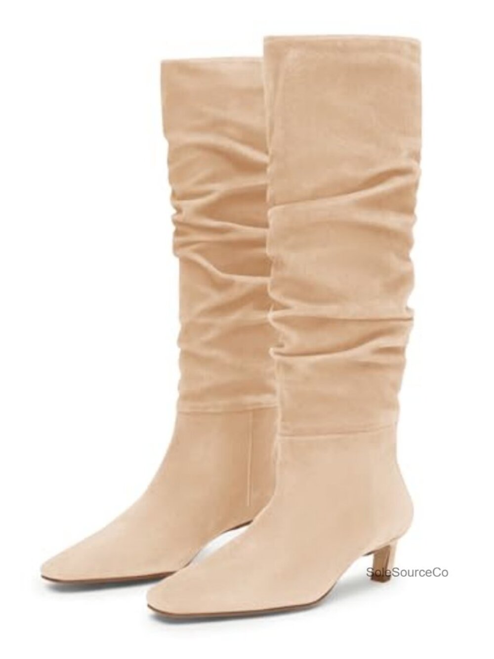 Coutgo Womens Slouchy Knee High Boots Low Kitten Heel Square Toe Tall